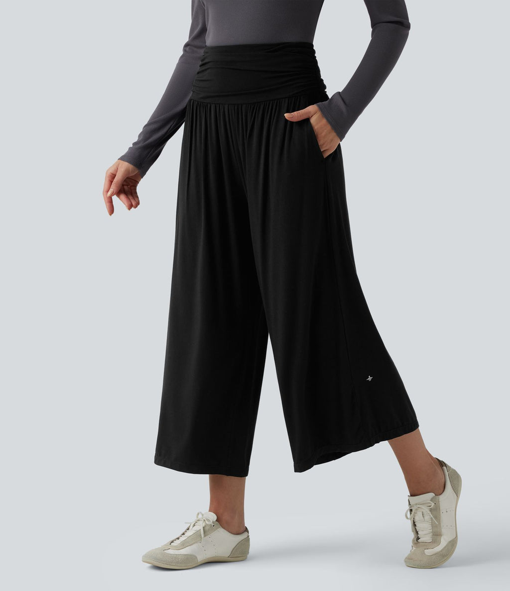 Pantalon casual 7/8 large taille haute à fronces avec poches