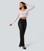 Pantalon Évasé de Danse 2 en 1 en Maille Transparente Taille Haute