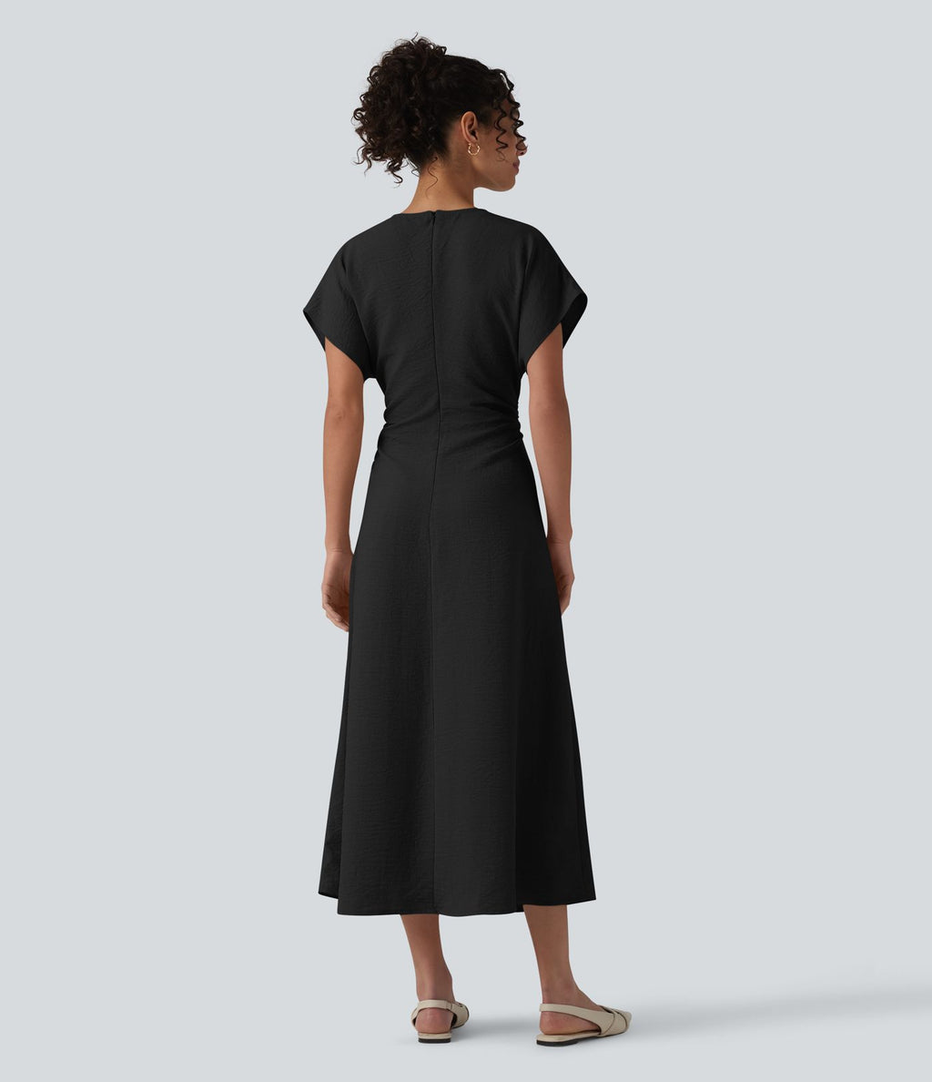 Robe longue tailleur évasée col V à manches courtes avec fermeture éclair invisible et drapé froncé
