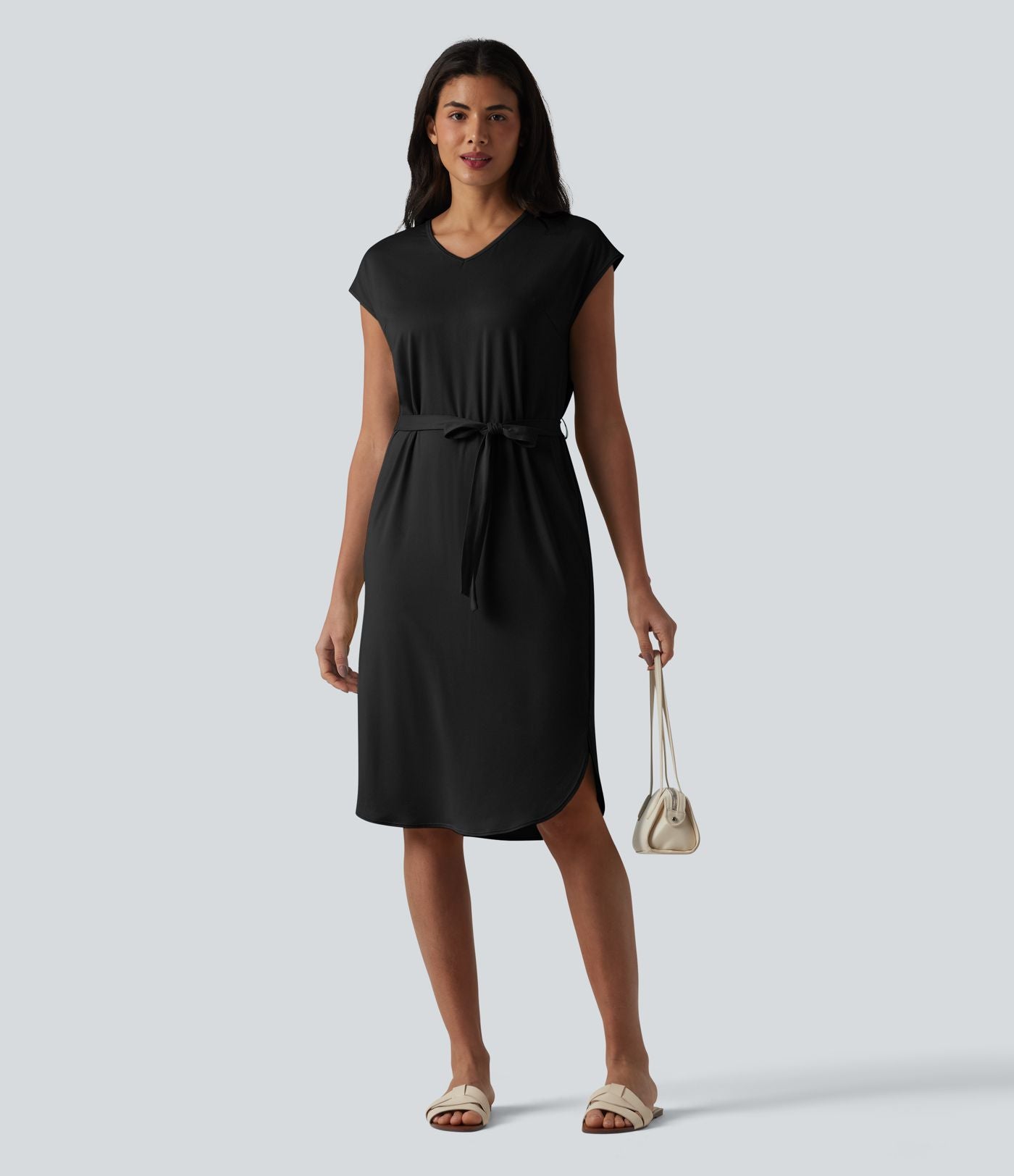 Robe t-shirt casual col V à manches courtes, ceinturée et ourlet arrondi