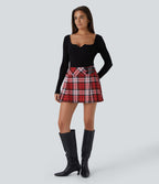 High Waisted de Decorative Buckle 2-in-1 Plaid Pleated Mini Casual Skirt