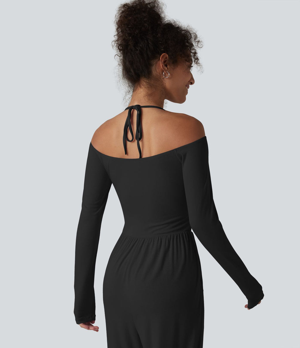 Combinaison casual en maille côtelée dos nu noué épaules dénudées manches longues avec soutien-gorge intégré et poches