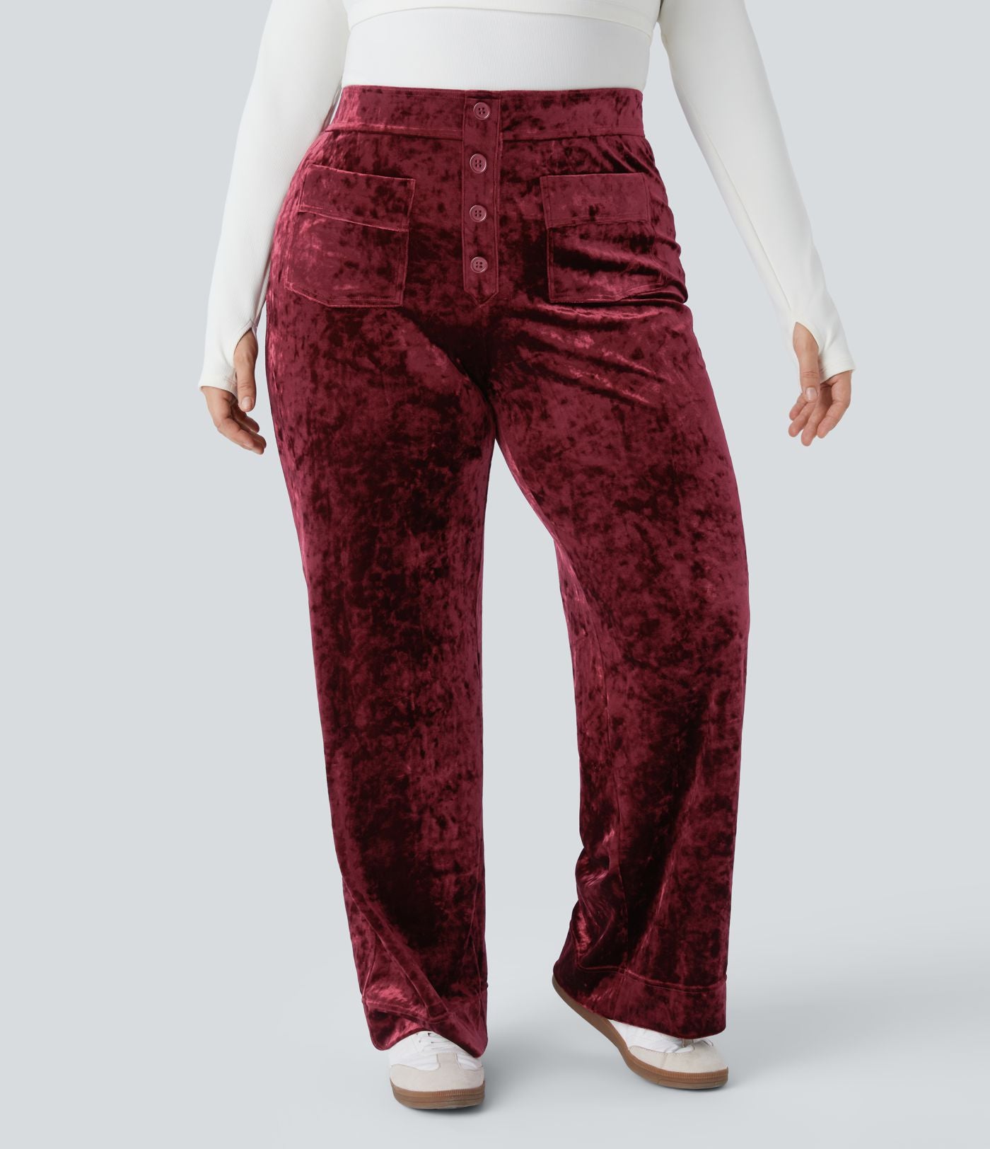 Pantalon décontracté grande taille en velours taille haute à boutons avec poches multiples et jambes droites