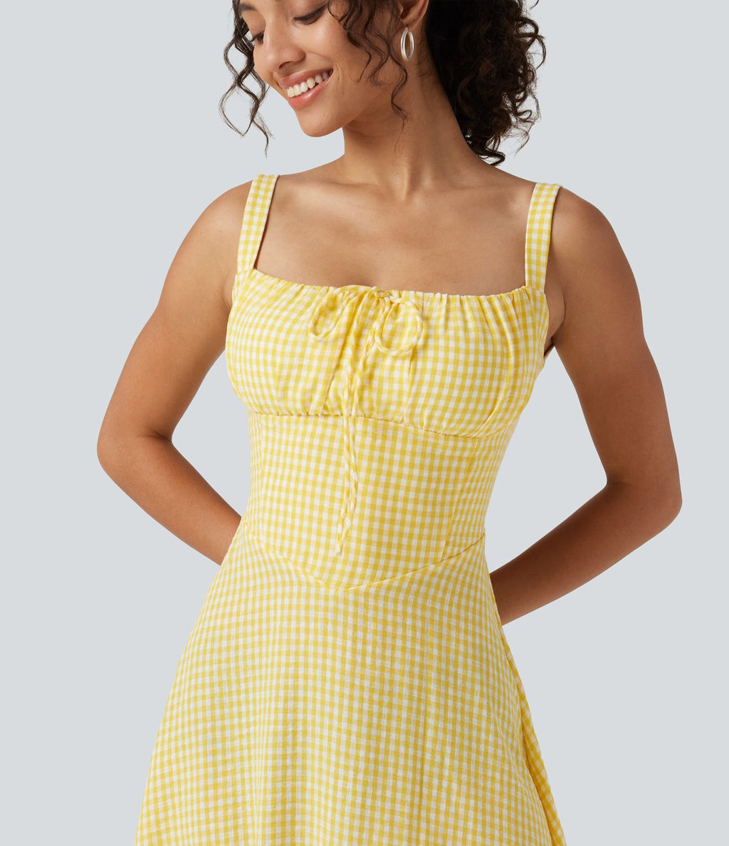 Robe midi fluide style vacances effet lin à motif tartan, encolure carrée, dos nu croisé et corset