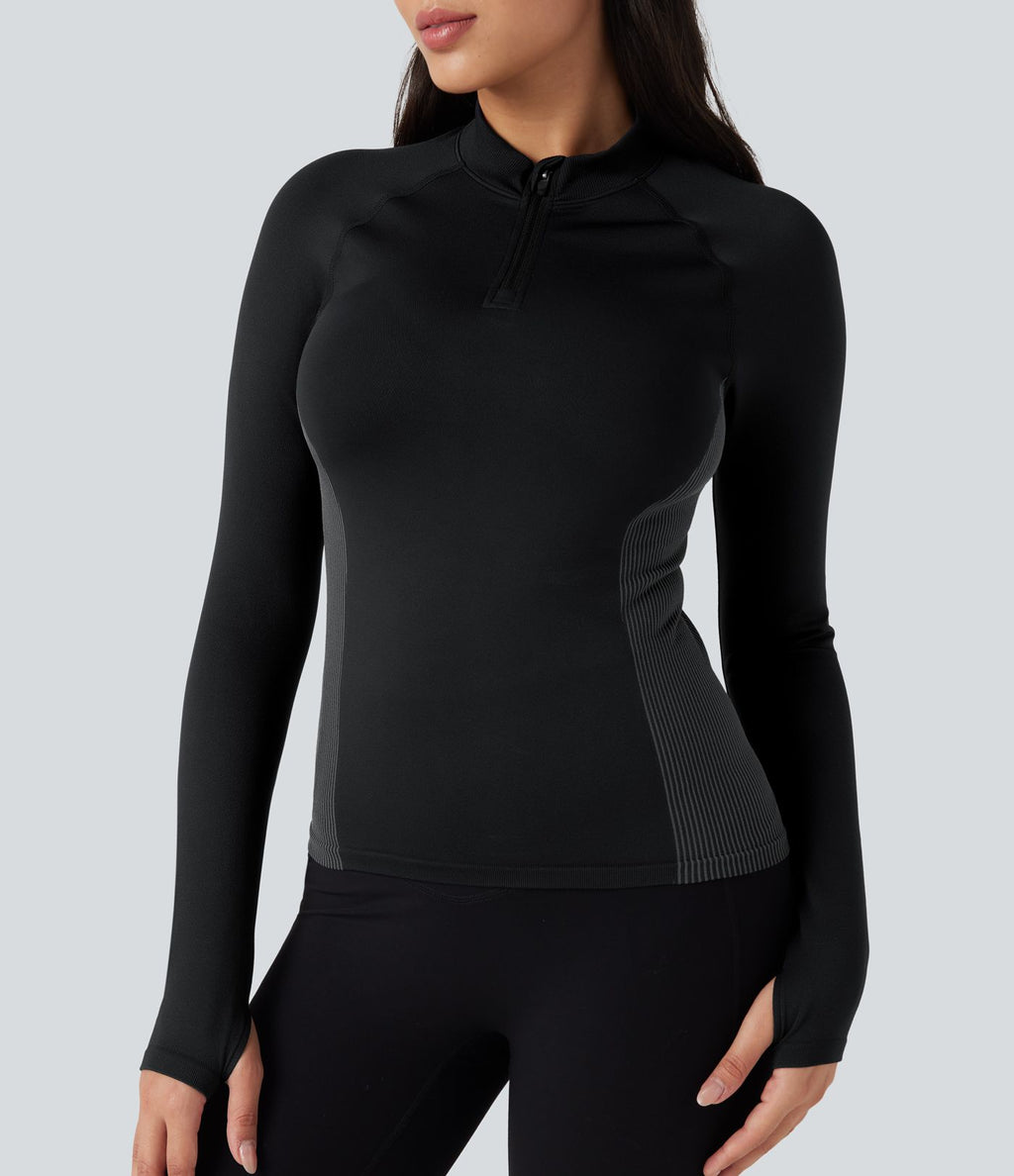 Haut de sport yoga demi-zip à manches longues avec passants pouces sans couture OneForm Seamless Flow