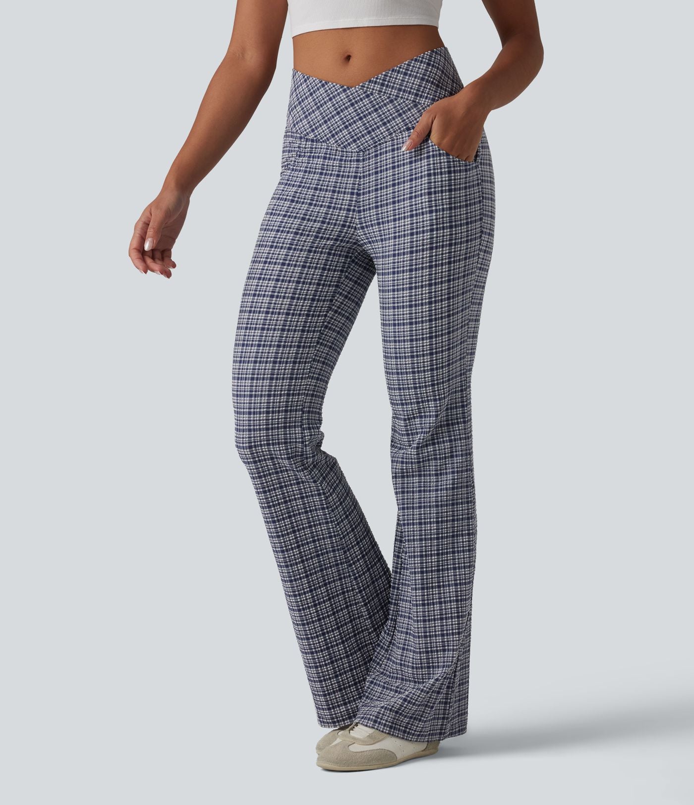Pantalon évasé taille haute croisée ventre plat à carreaux en tissu froissé séchage rapide avec poches