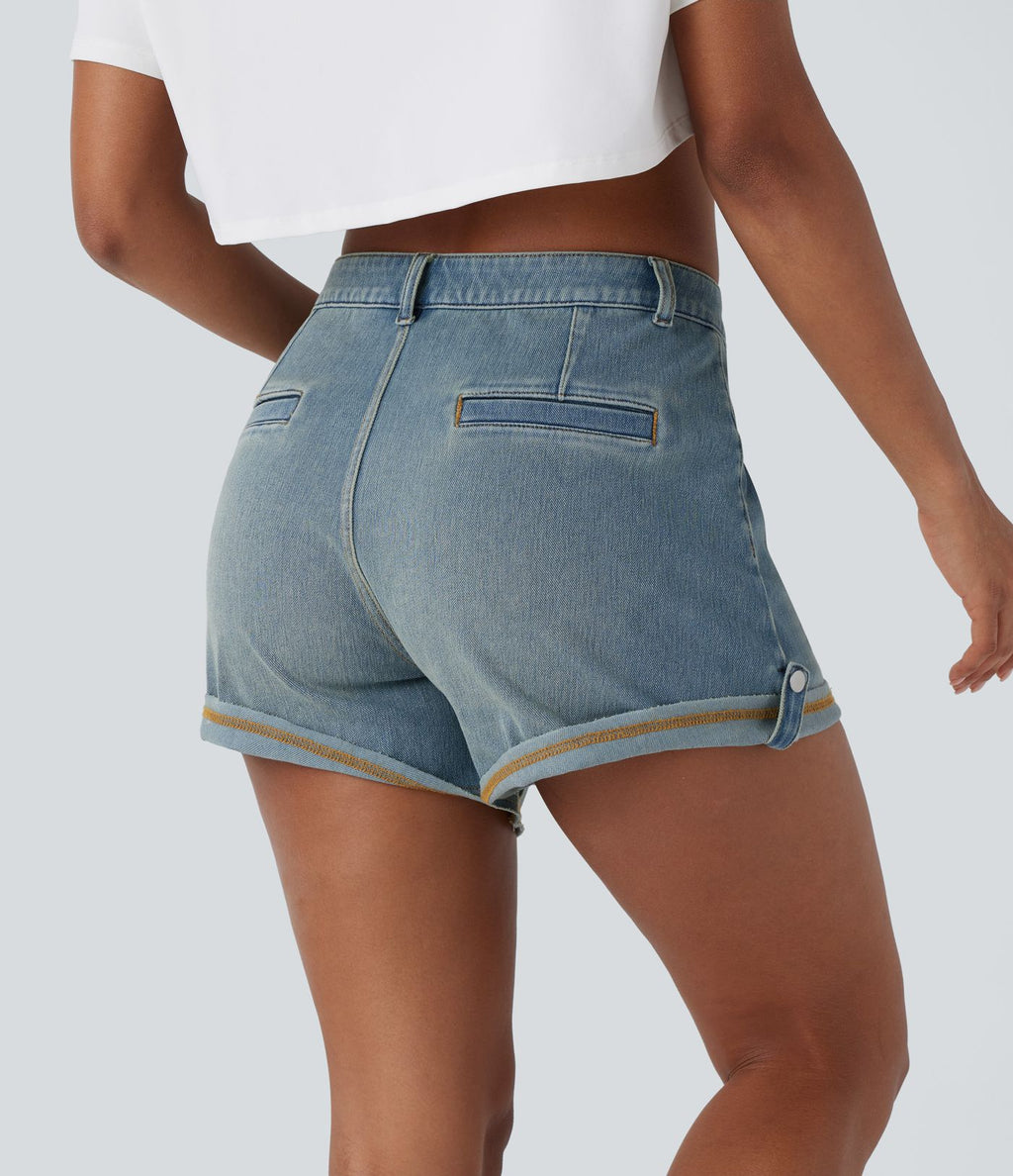 Short décontracté en jean extensible délavé Halara Flex™ taille moyenne avec revers et poches avant