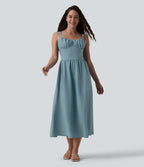 Robe fluide casual mi-longue texturée froncée et smockée