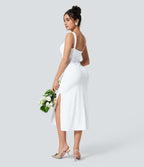Softlyzero™ Airy Robe Demoiselle d'Honneur Invitée de Mariage Col Carré Plissée et Fendue Toucher Frais Grande Taille