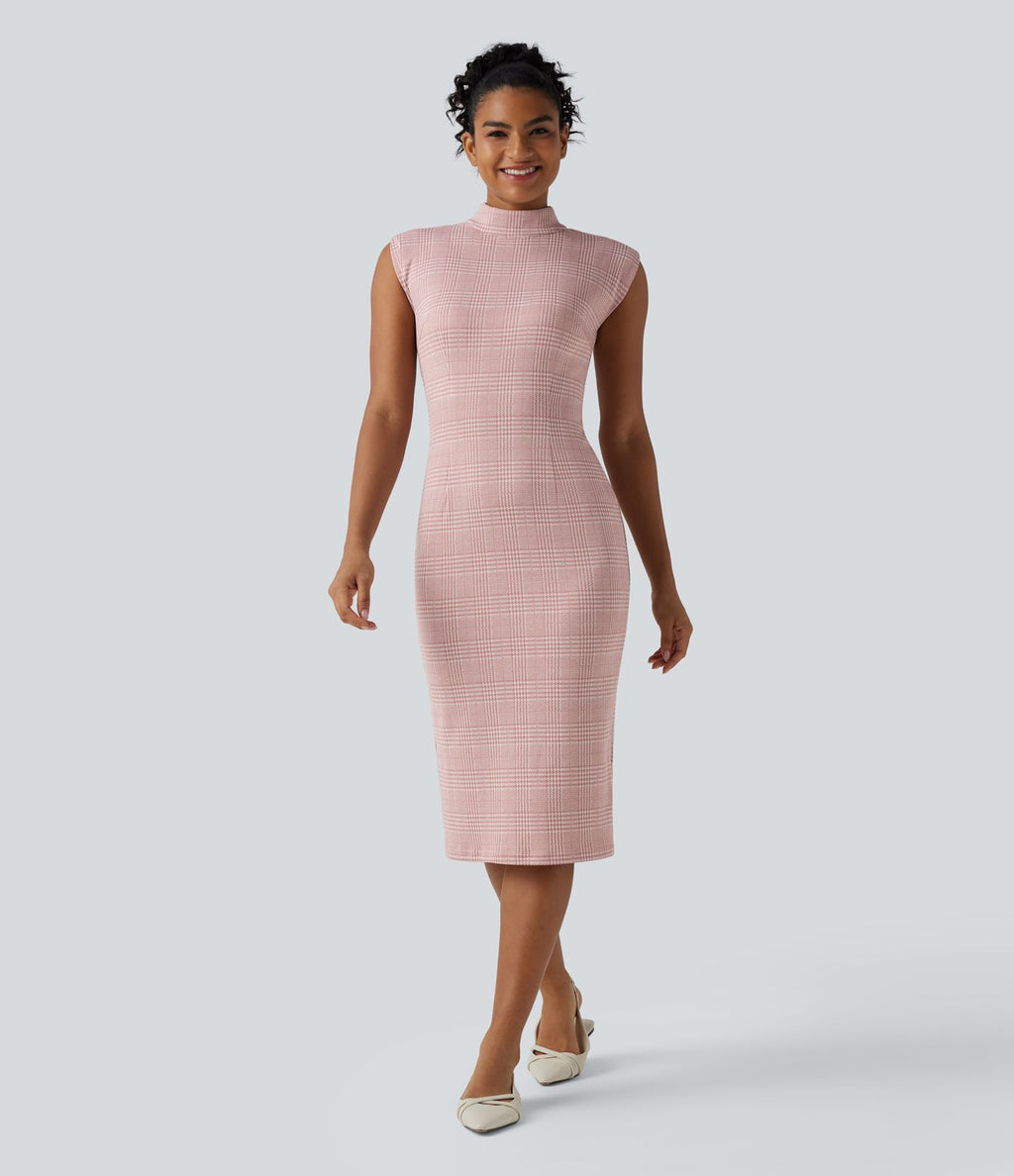Robe de travail midi moulante sans manches col montant pied-de-poule à carreaux