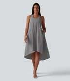 Robe midi resort fluide à carreaux vichy dos nu dos nageur coupe asymétrique avec soutien-gorge intégré et poches