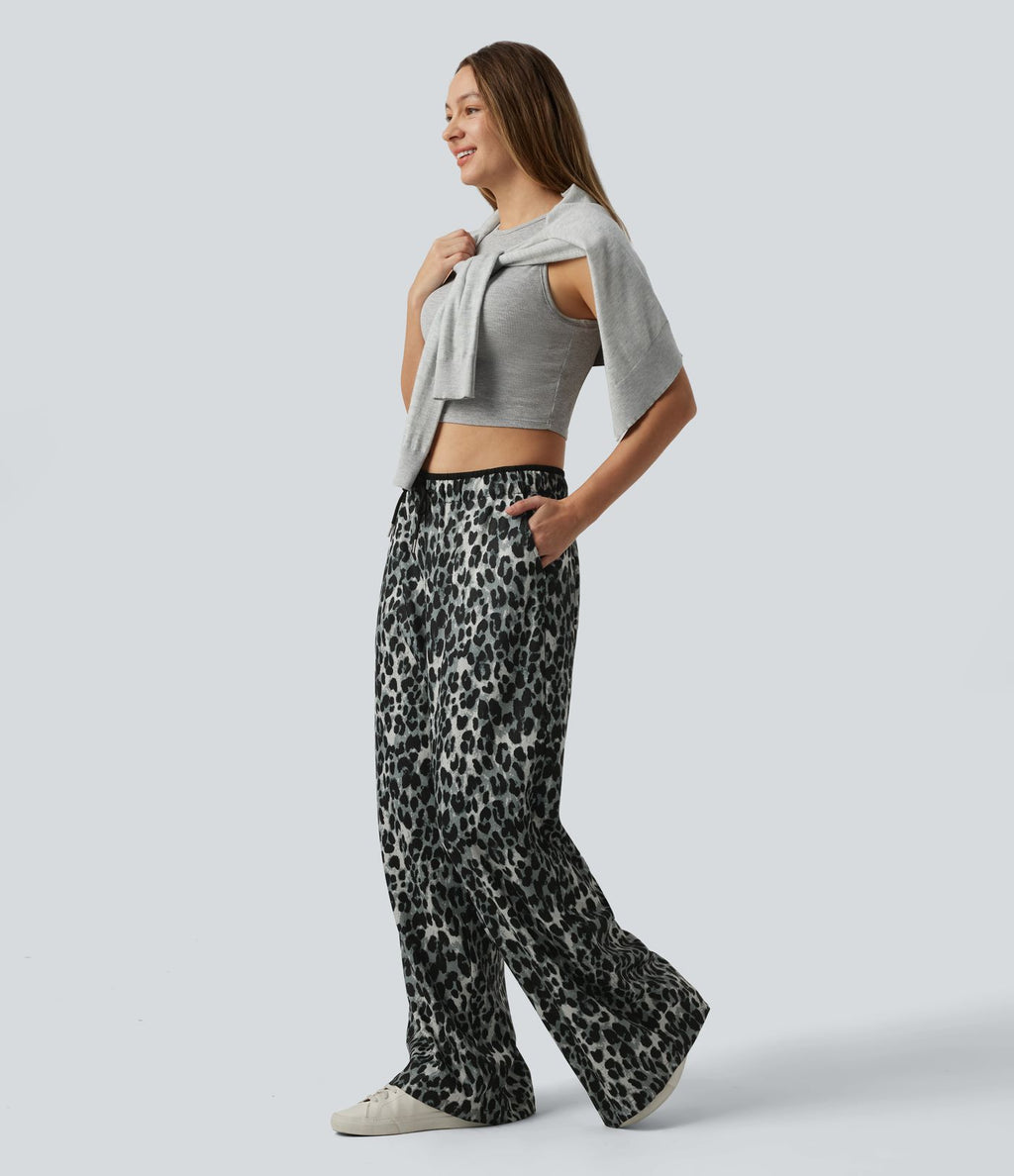 Pantalon large décontracté imprimé léopard taille basse avec cordon de serrage et poches