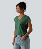 T-shirt décontracté chiné ample à manches courtes et col V
