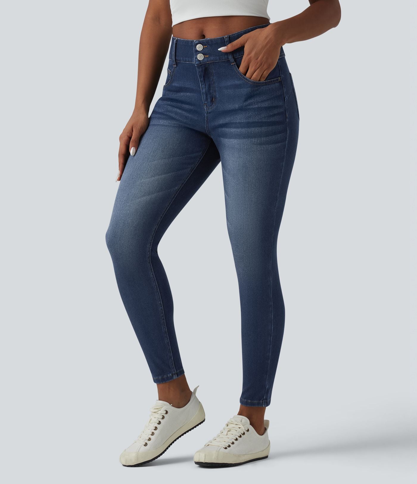 Halara Flex™ Jean skinny 7/8 casual taille mi-haute en lyocell drapé effet délavé, avec poches