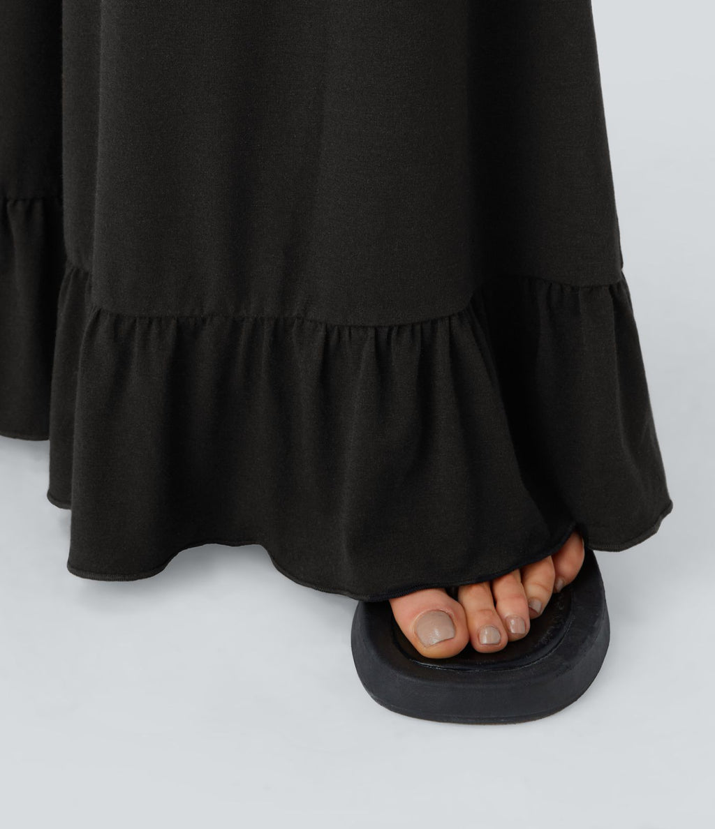 Pantalon Casual à Taille Haute avec Cordon De Serrage Poches Latérales et Volants Jambes Amples
