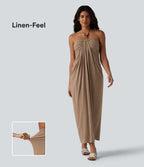 Robe longue estivale col licou dos nu avec lien soutien-gorge intégré aspect lin avec poches