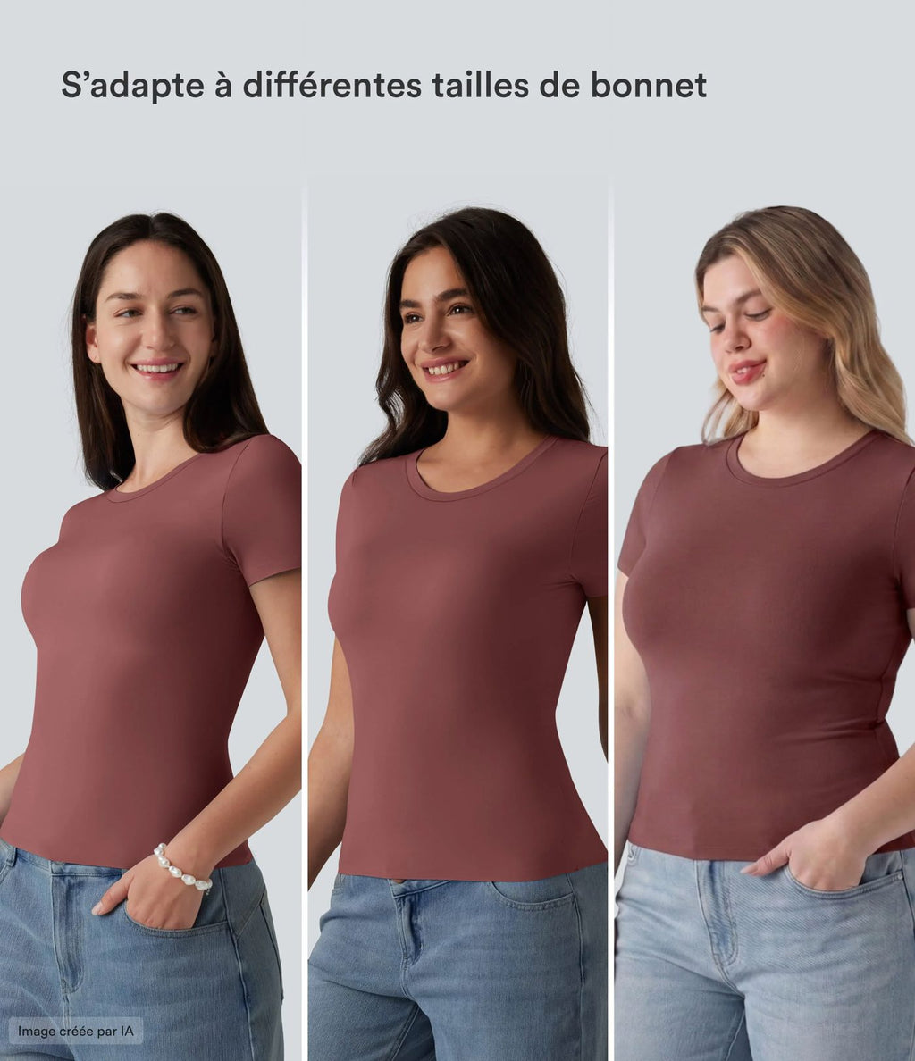 T-shirt décontracté col rond échancré à manches courtes avec soutien-gorge intégré bonnets B-DD