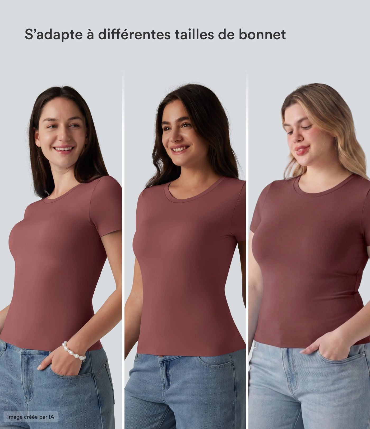 T-shirt décontracté col rond échancré à manches courtes avec soutien-gorge intégré bonnets B-DD