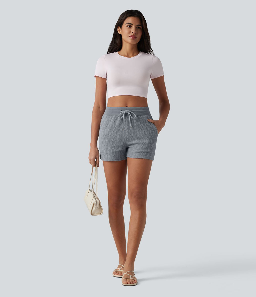 Short casual 7,5 cm en maille torsadée taille mi-haute, cordon de serrage et poches