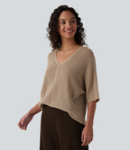 Pull décontracté col V à manches mi-longues