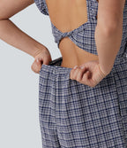 Combinaison short décontractée dos nu torsadé à volants carreaux froissés avec poches, séchage rapide - Easy Peasy