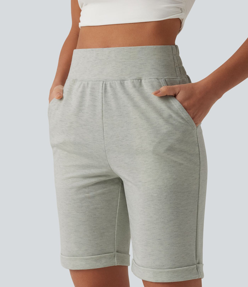 Short sweat décontracté taille haute à ourlet roulé avec poches
