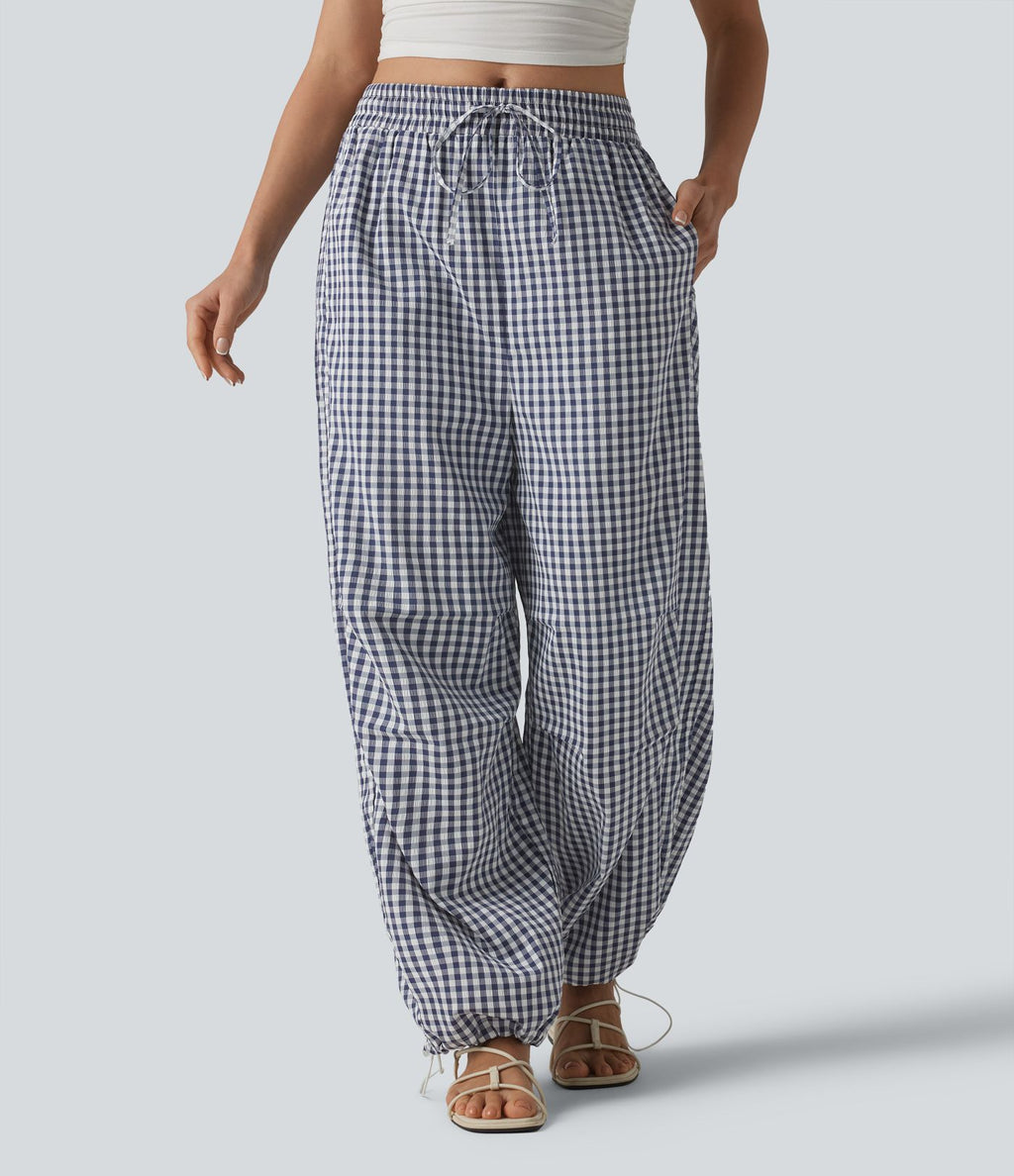 Pantalon ample décontracté à carreaux vichy, taille mi-haute, cordon de serrage et poches