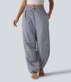 Pantalon ample décontracté à carreaux vichy, taille mi-haute, cordon de serrage et poches