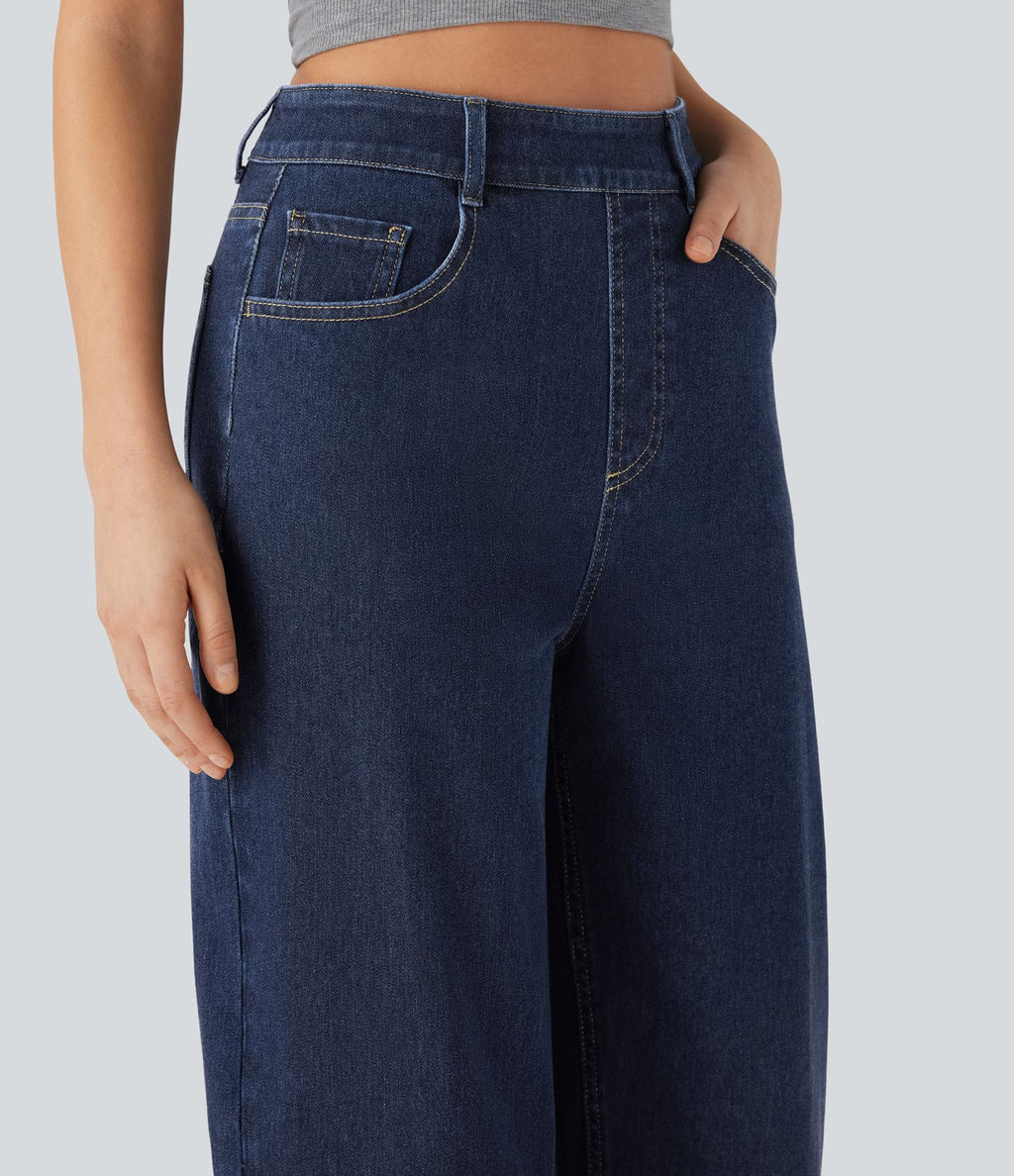 Jean ample délavé taille haute en maille extensible avec poches multiples