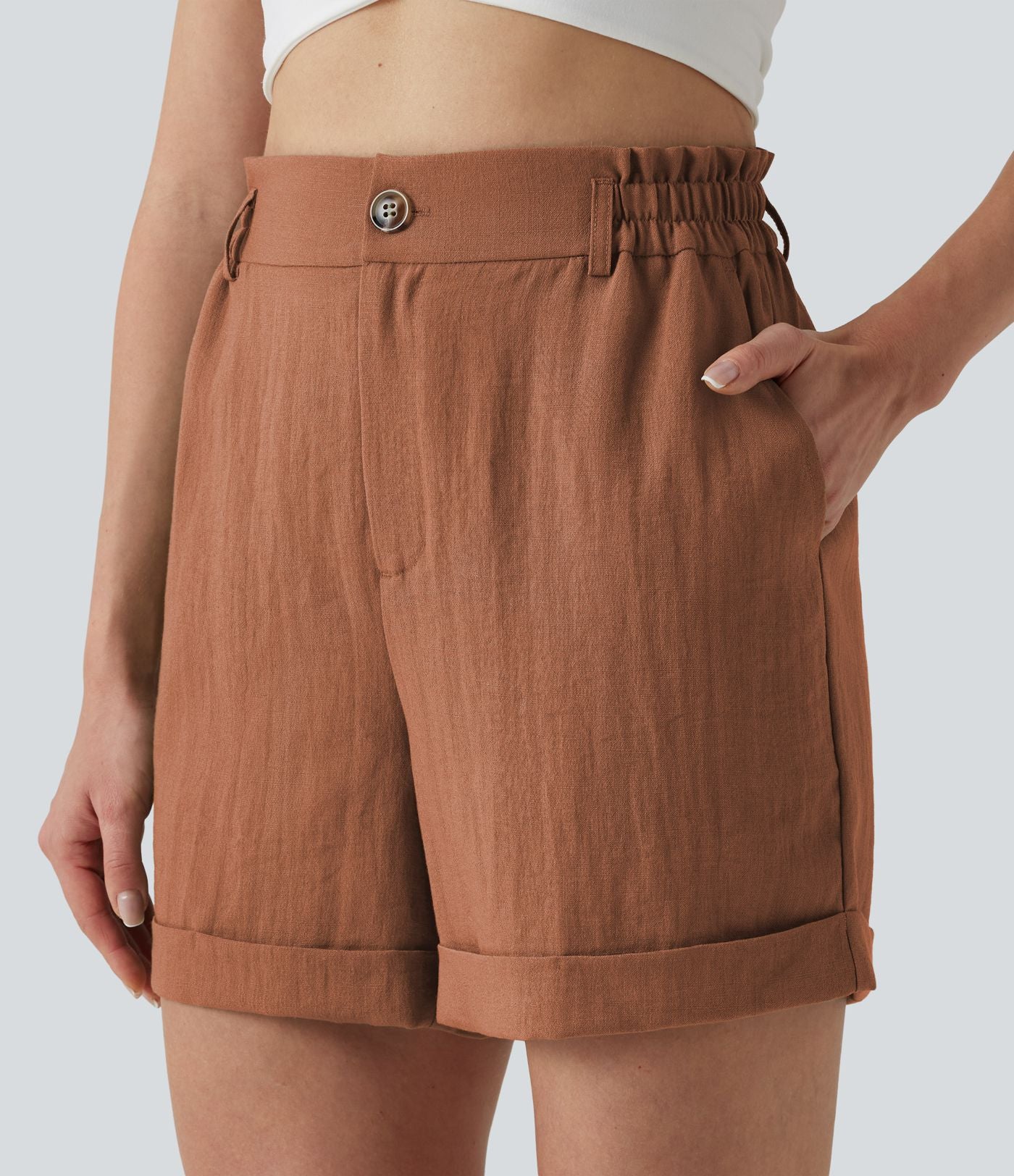 Short resort 12,5 cm taille haute effet lin avec ourlet roulotté et poches