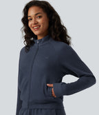 Veste casual côtelée à col montant, manches longues et fermeture zippée avec poches