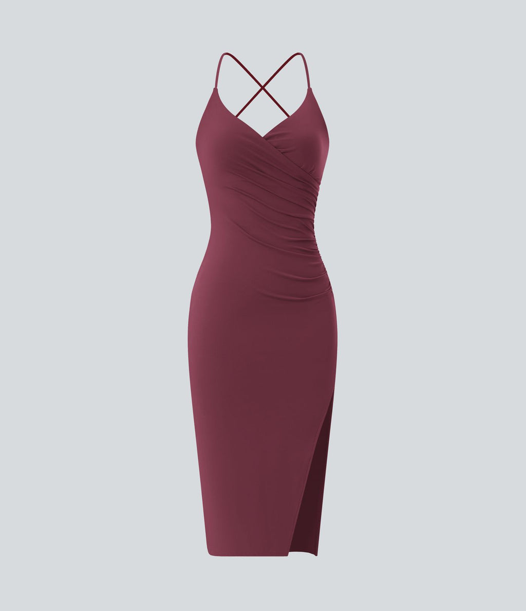 Robe moulante SoftlyZero™ Airy fendue à effet frais InstantCool, brassière intégrée, dos nu croisé à lacets, légèrement plissée pour invitée de mariage et demoiselle d'honneur