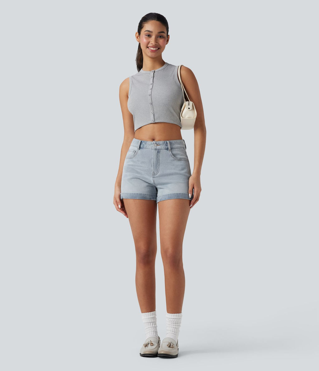 Short 7,5 cm décontracté en jean extensible Halara Flex™ taille moyenne avec boutons, zip et multiples poches