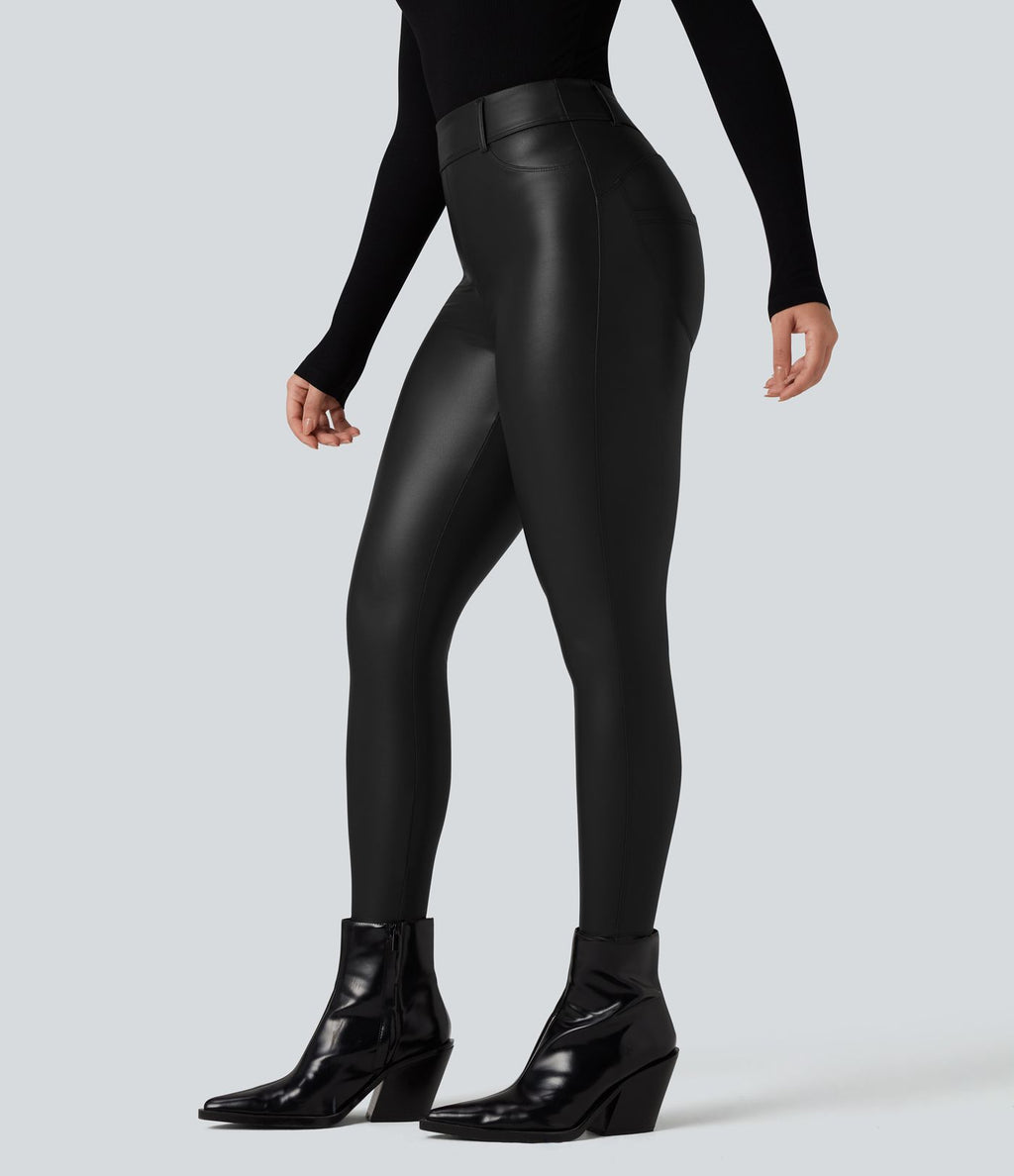 Pantalon polaire simili cuir extensible taille haute avec poches