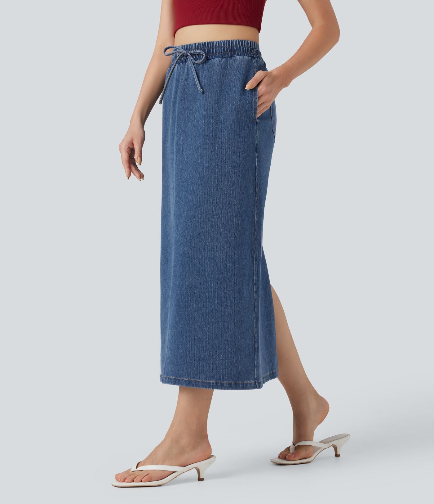 Jupe midi décontractée en denim Halara Flex™ taille haute avec cordon, fente et poches