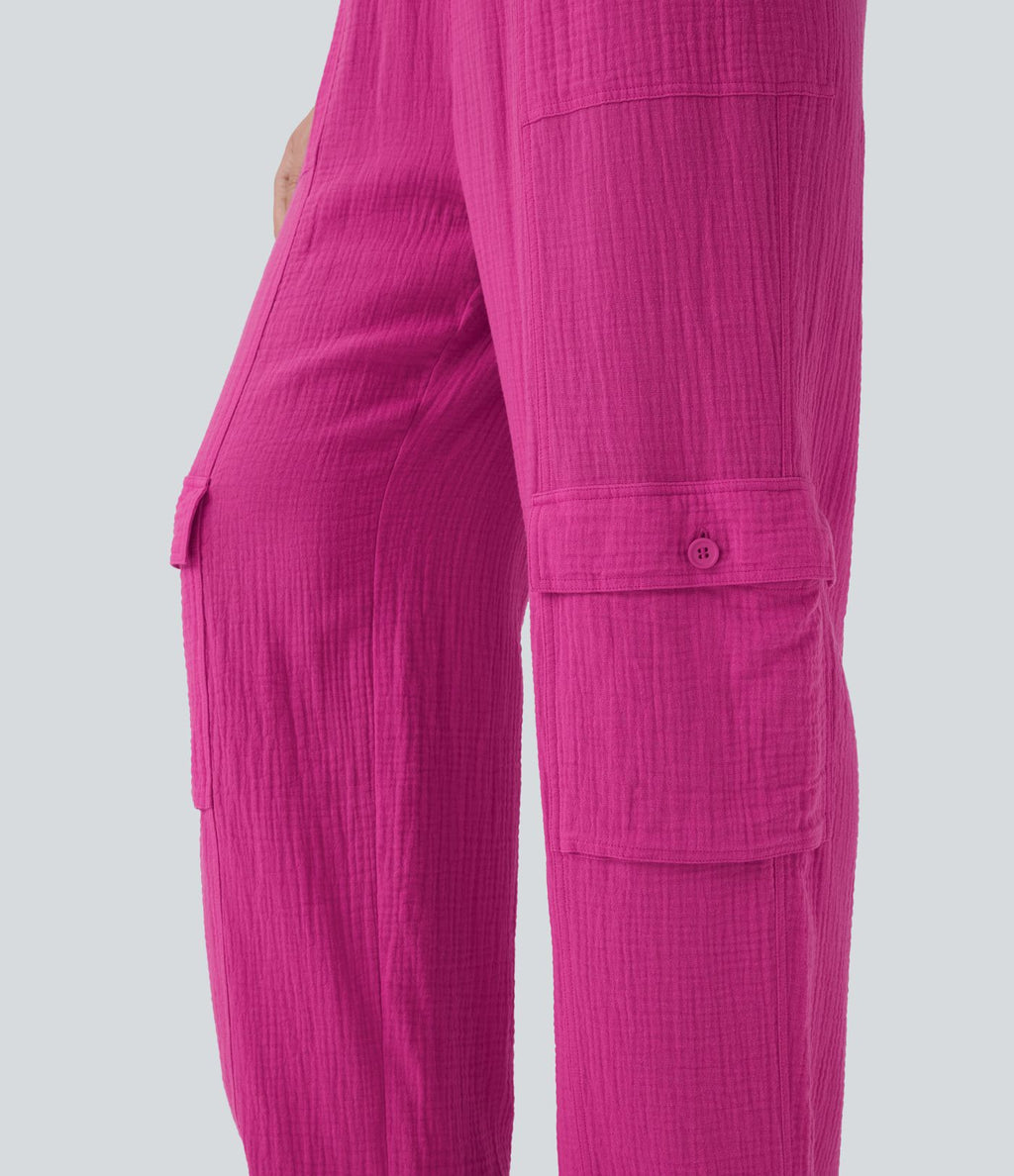 Pantalon cargo large fluide en coton taille haute avec cordon de serrage et poches
