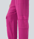Pantalon cargo large fluide en coton taille haute avec cordon de serrage et poches