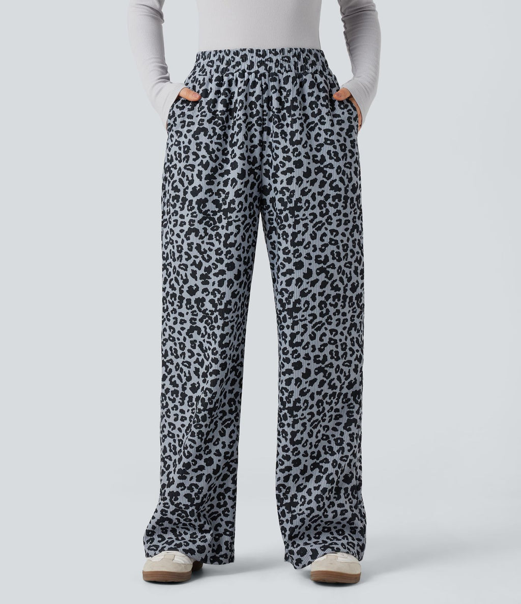 Pantalon léopard ample décontracté velours côtelé imprimé taille haute avec poches