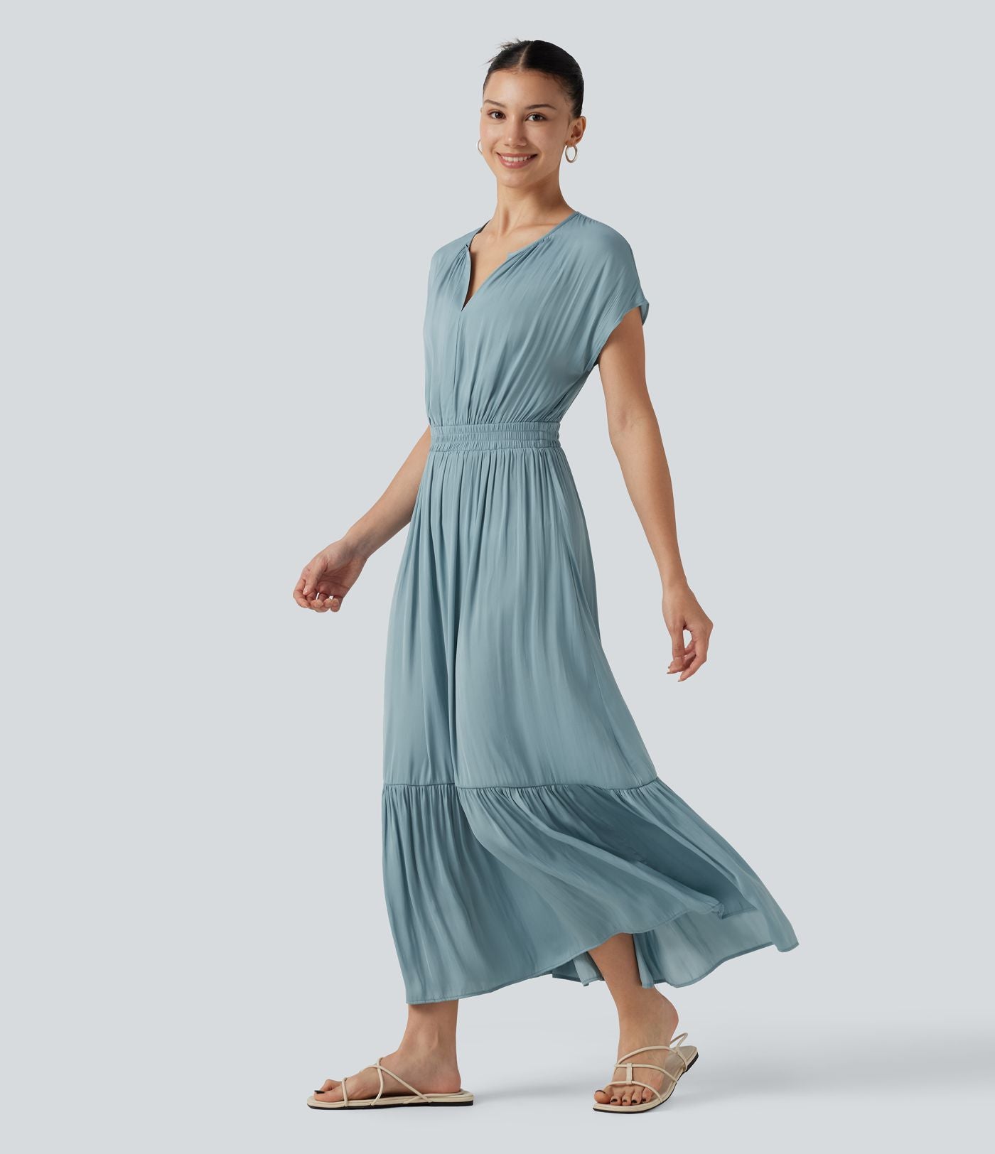 Robe midi décontractée fluide, col V, manches courtes