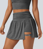 Jupe mini trapèze de sport 2-en-1 taille haute froncée avec poche latérale