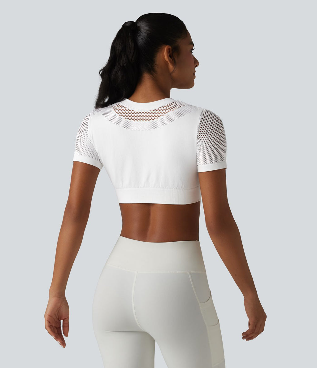 OneForm Seamless Flow Haut de sport crop col rond manches courtes avec découpes