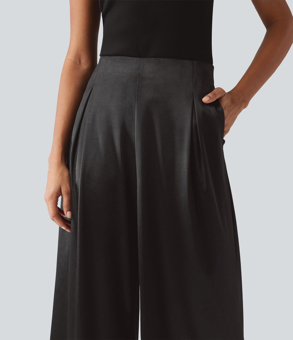 Pantalon habillé large taille haute en satin avec poches