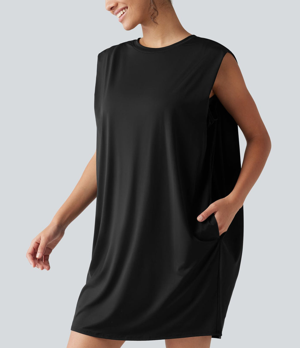 Robe active mini de yoga à col rond avec coussinets amovibles, poches et protection solaire UPF 50+