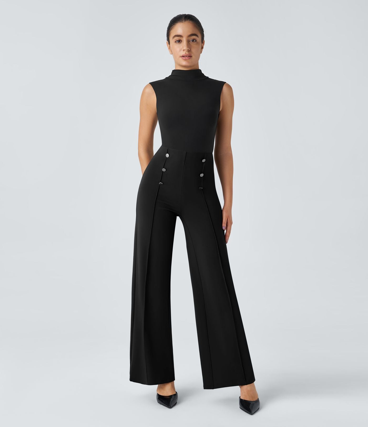 Pantalon Tailleur Large Taille Haute avec Bouton et Poches