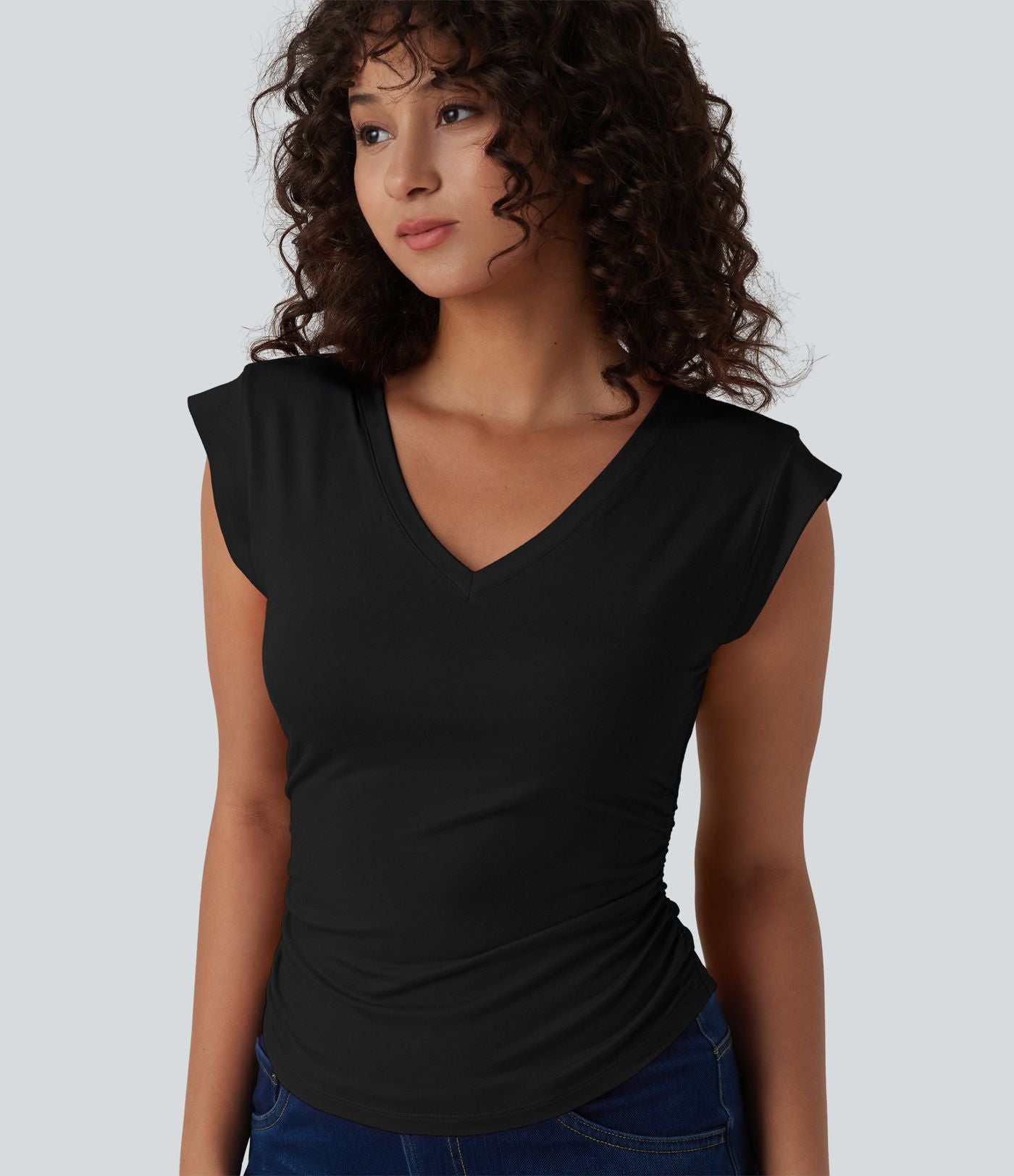T-shirt décontracté col V manches courtes ourlet arrondi froncé