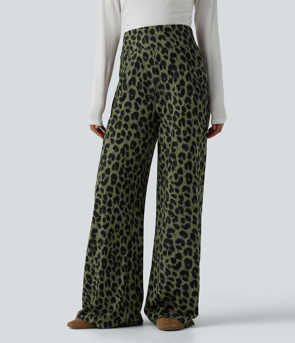 Pantalon large décontracté taille haute gaufré imprimé léopard avec poches