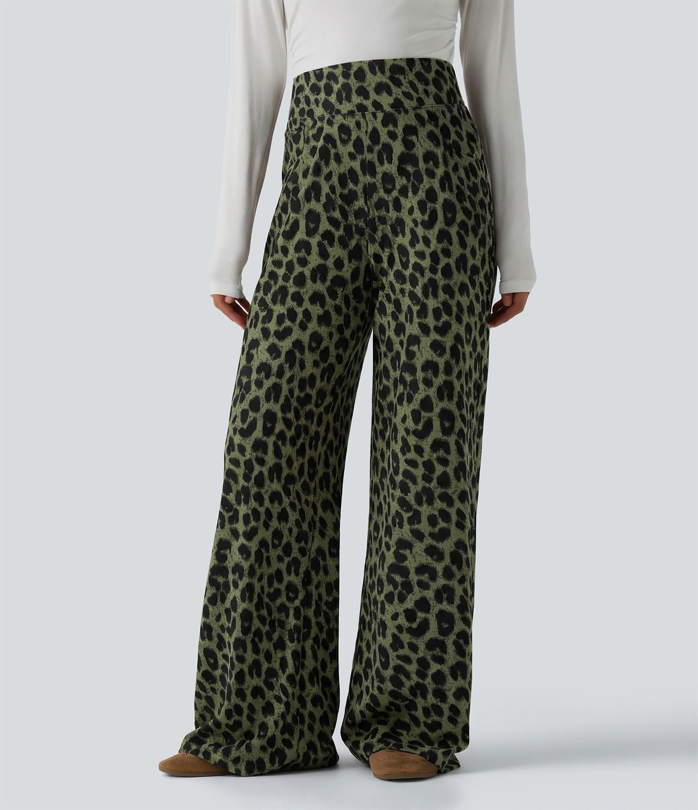 Pantalon large décontracté taille haute gaufré imprimé léopard avec poches