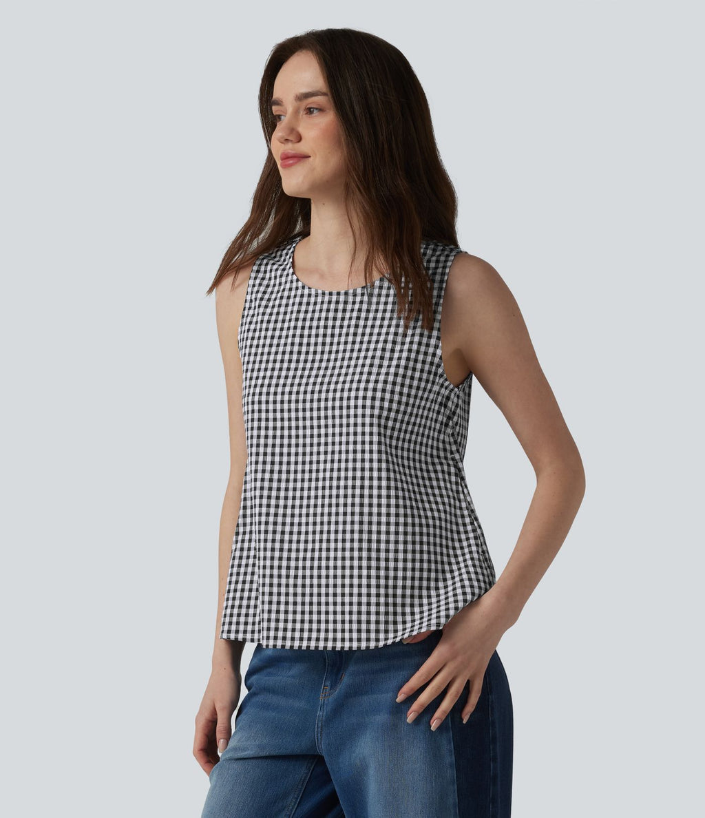 Débardeur casual col rond en vichy froissé avec poches