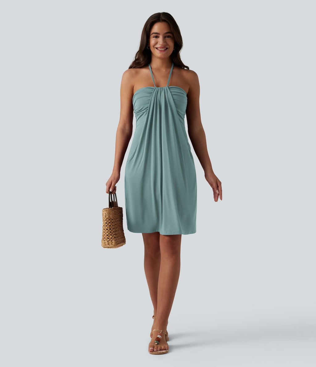 Robe mini dos nu à bretelles, brassière intégrée et poches