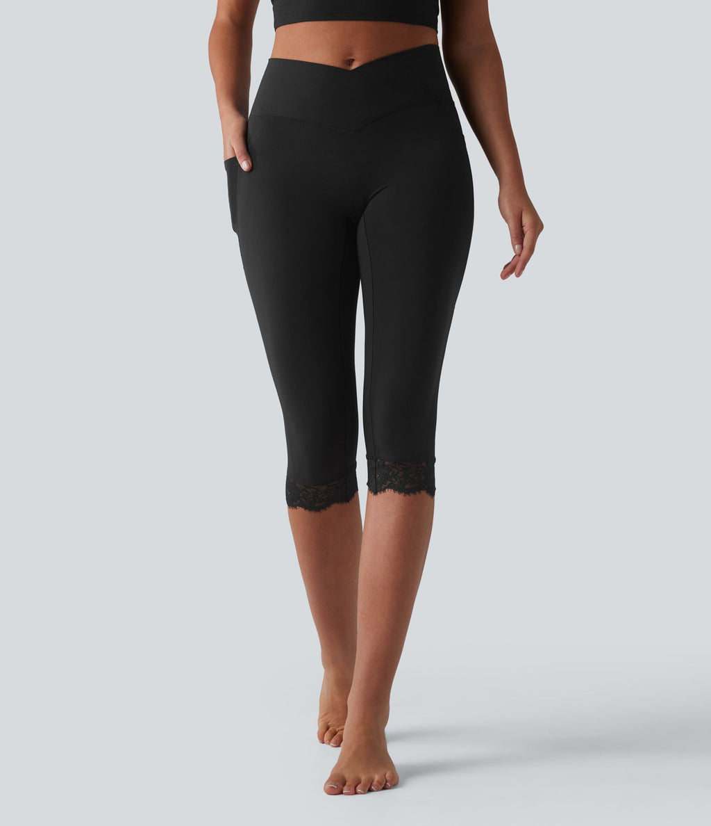 SoftlyZero™ Legging corsaire de yoga croisé taille haute avec dentelle contrastée et poches - UPF50+